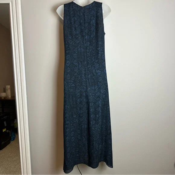 100% SilkVintage Y2K Lauren Ralph Lauren Navy Blue Abstract Patterned Maxi Dress - Picture 6 of 7